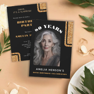 Invitación Elegante Purpurina de oro negro foto 80 cumpleaños