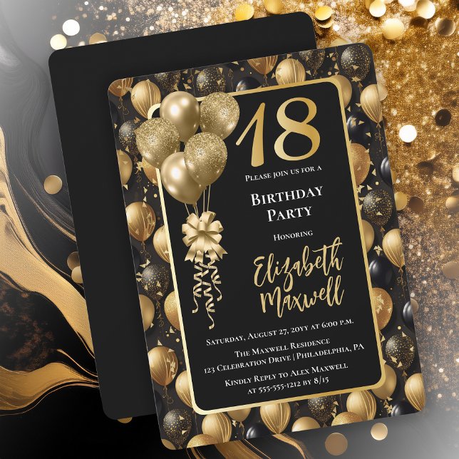 Invitación Elegante Purpurina de oro negro globos 18 cumpleañ (Elegant Black Gold-Tone Faux Glitter Balloons Pattern 18th Birthday Party Invitation 
Print Digital)