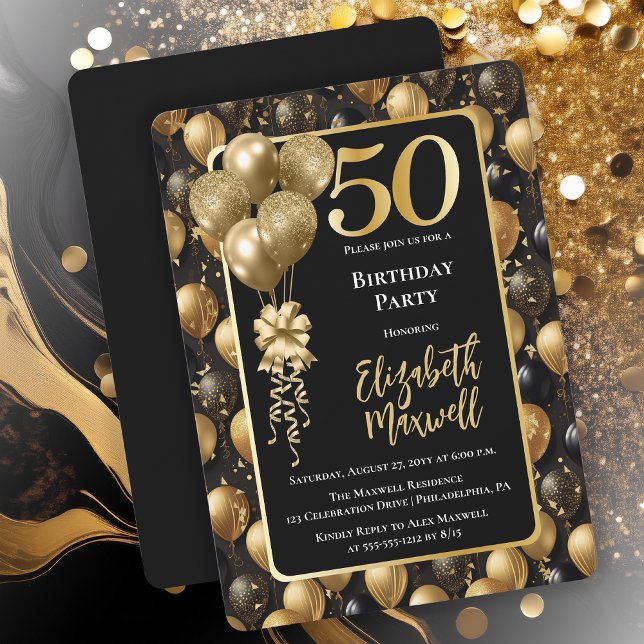 Invitación Elegante Purpurina de oro negro globos 50 cumpleañ (Elegant Black Gold-Tone Faux Glitter Balloons Pattern 50th Birthday Party Invitation 
Print Digital)