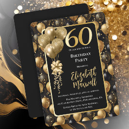 Invitación Elegante Purpurina de oro negro globos 60 cumpleañ