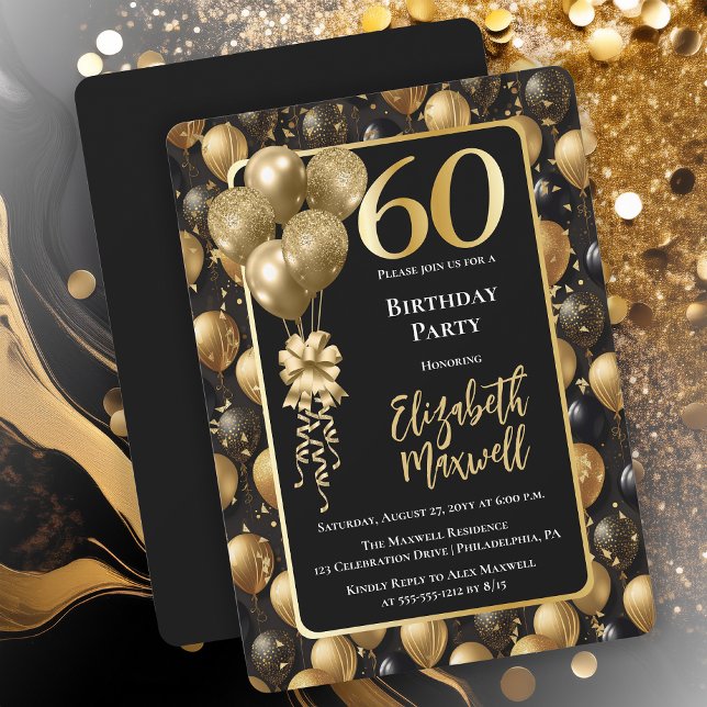 Invitación Elegante Purpurina de oro negro globos 60 cumpleañ (Elegant Black Gold-Tone Faux Glitter Balloons Pattern 60th Birthday Party Invitation 
Print Digital)