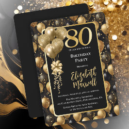 Invitación Elegante Purpurina de Oro Negro Globos 80 cumpleañ