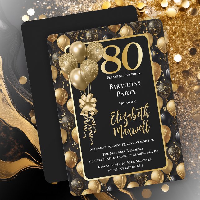 Invitación Elegante Purpurina de Oro Negro Globos 80 cumpleañ (Elegant Black Gold-Tone Faux Glitter Balloons Pattern 80th Birthday Party Invitation 
Print Digital)