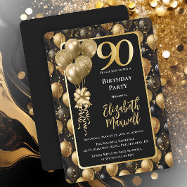Invitación Elegante Purpurina de oro negro globos 90 cumpleañ