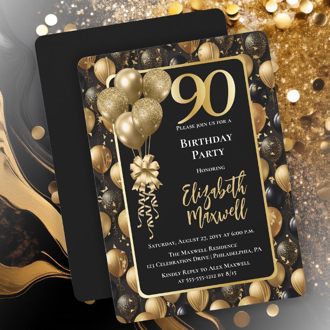 Invitación Elegante Purpurina de oro negro globos 90 cumpleañ (Elegant Black Gold-Tone Faux Glitter Balloons Pattern 90th Birthday Party Invitation 
Print Digital)