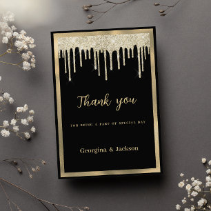 Invitación Elegante purpurina de oro negro gotea Gracias