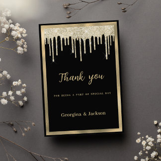 Invitación Elegante purpurina de oro negro gotea Gracias