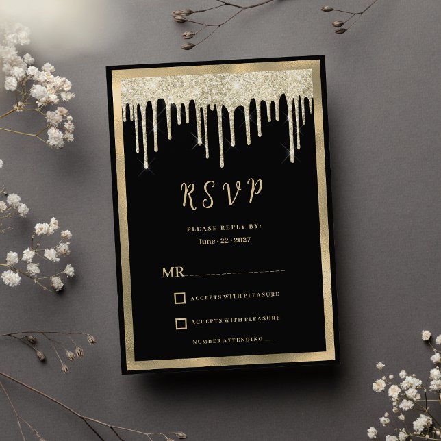 Invitación Elegante purpurina de oro negro gotea RSVP (Elegant black gold glitter drips RSVP )