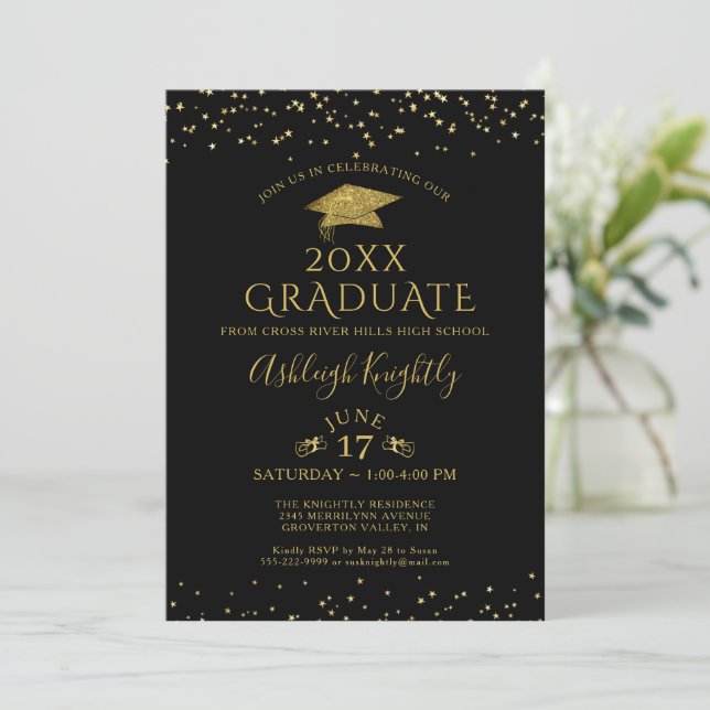 Invitación Elegante Purpurina de Oro Negro Graduado de Confet (Anverso de pie)