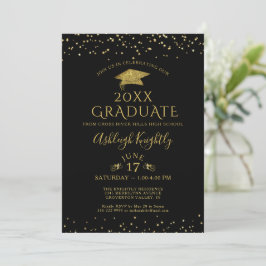 Invitación Elegante Purpurina de Oro Negro Graduado de Confet