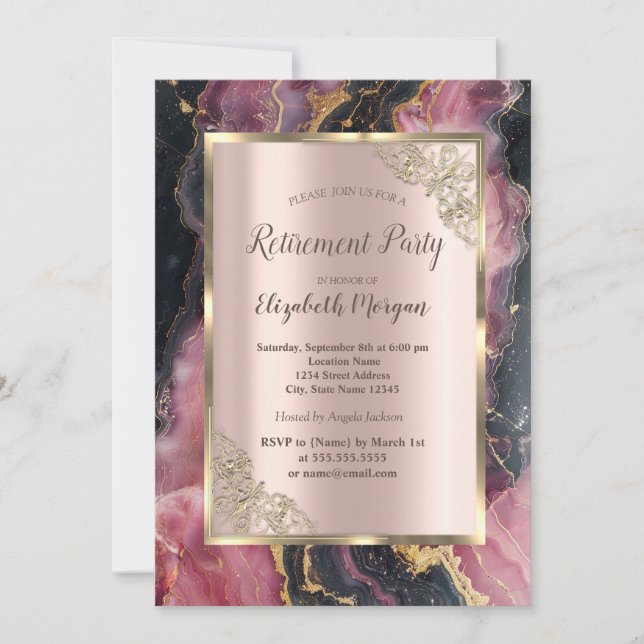 Invitación Elegante Purpurina de oro negro retiro de Borgoña (Anverso)