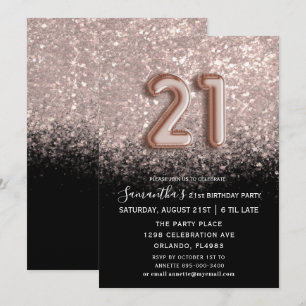 Invitación Elegante Purpurina de oro negro y Rosa de cumpleañ