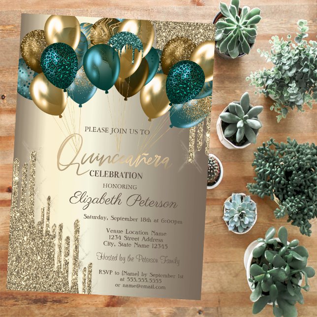 Invitación Elegante Purpurina de oro perfora globos Quinceañe (Subido por el creador)