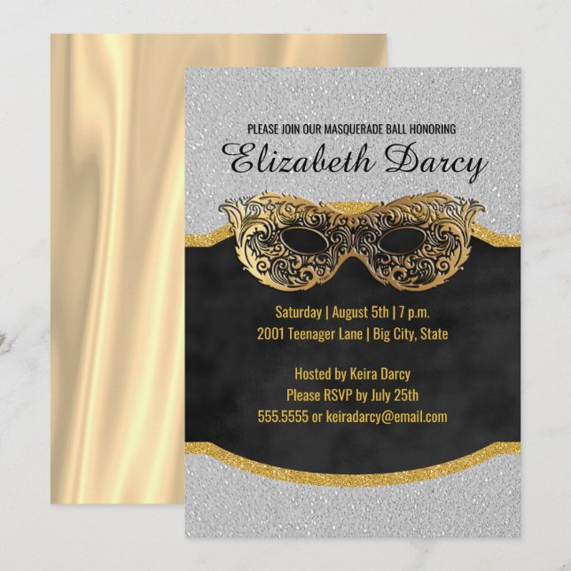Invitación Elegante Purpurina de oro plateado Fiesta Fancy (Anverso / Reverso)
