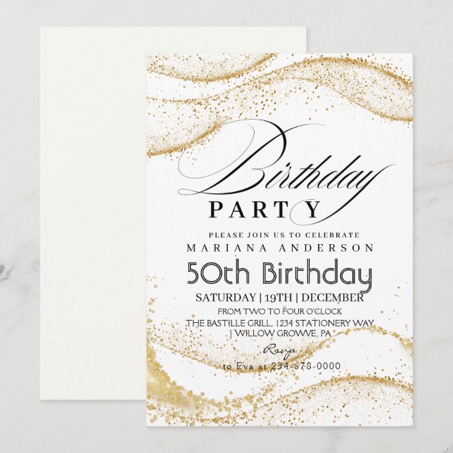 Invitación Elegante Purpurina de Oro Polvoriento Blanco 50 cu (Anverso / Reverso)