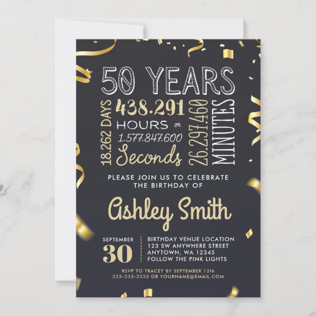 Invitación Elegante Purpurina de oro por 50 cumpleaños (Anverso)