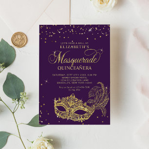 Invitación Elegante Purpurina de oro púrpura Masquerade Quinc