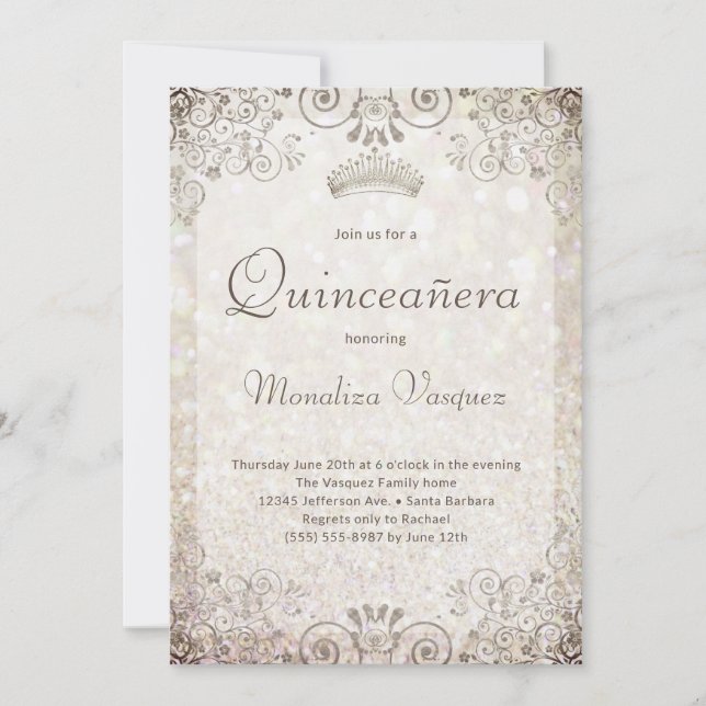 Invitación Elegante Purpurina de Oro Quinceañera 15º cumpleañ (Anverso)