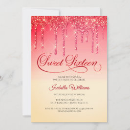 Invitación Elegante Purpurina de Oro Rojo Dulce Cumpleaños