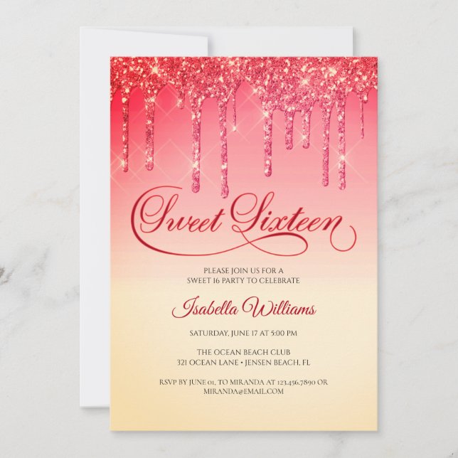 Invitación Elegante Purpurina de Oro Rojo Dulce Cumpleaños (Anverso)