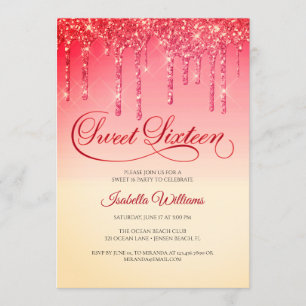 Invitación Elegante Purpurina de Oro Rojo Dulce Cumpleaños