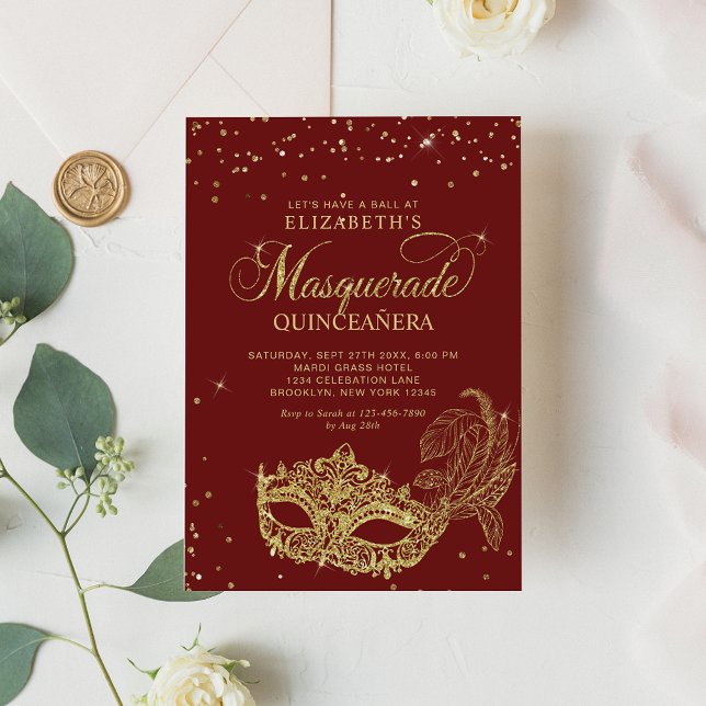 Invitación Elegante Purpurina de oro rojo Masquerade Quinceañ (Subido por el creador)