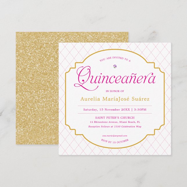 Invitación Elegante Purpurina de oro rosa moderno Quinceañera (Anverso / Reverso)