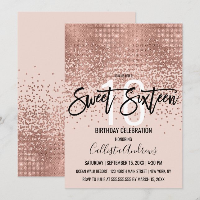 Invitación Elegante Purpurina de oro rosa rosa Confetti Sweet (Anverso / Reverso)