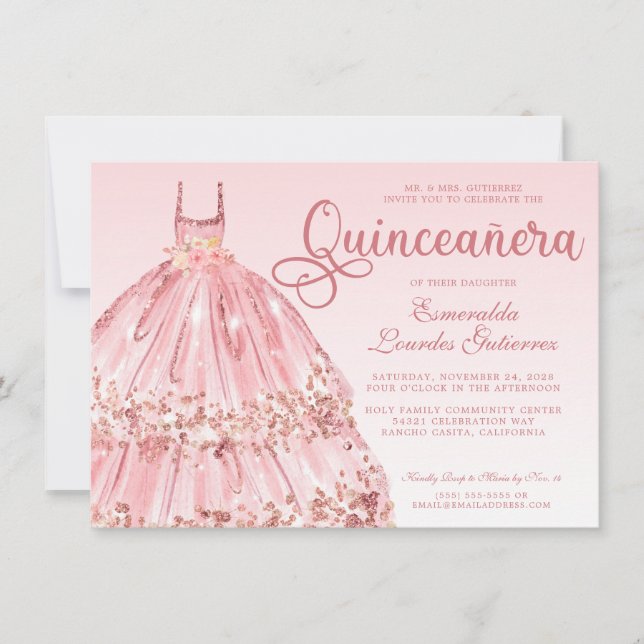 Invitación Elegante Purpurina de Oro Rosa Rosa Quinceañera (Anverso)