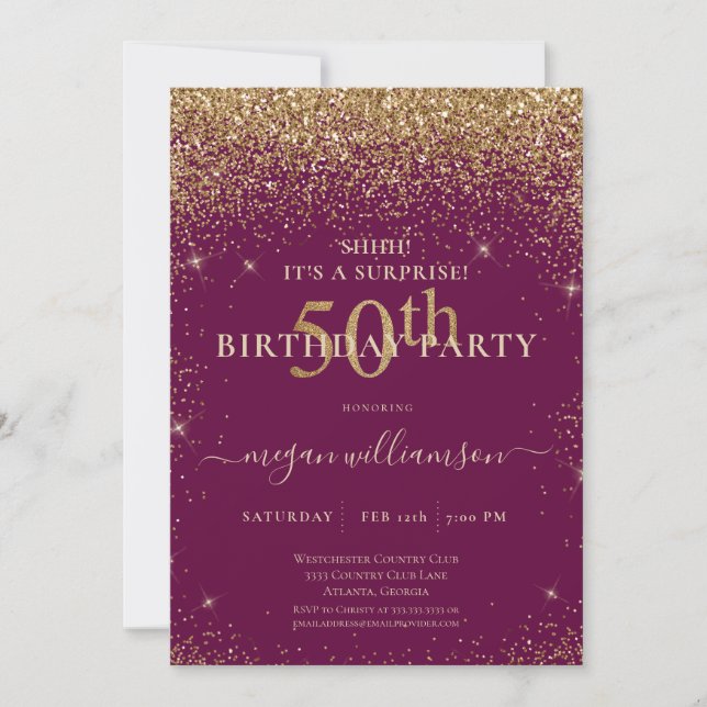 Invitación Elegante Purpurina de Oro Rosado 50 cumpleaños (Anverso)