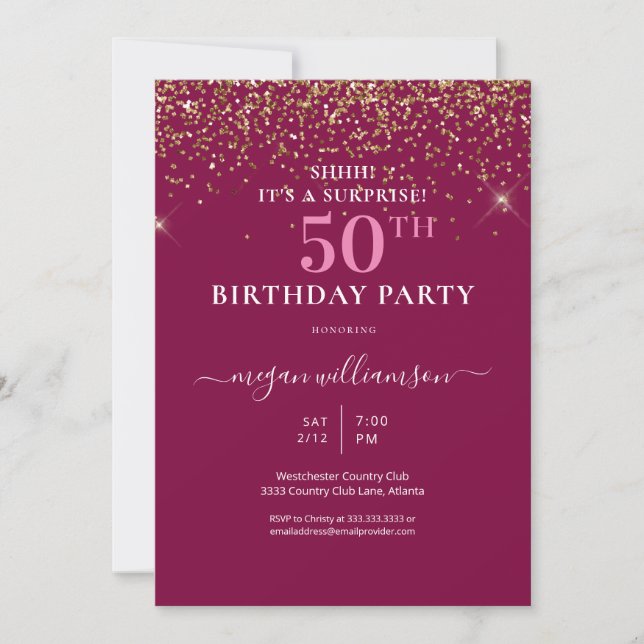 Invitación Elegante Purpurina de Oro Rosado 50 cumpleaños (Anverso)