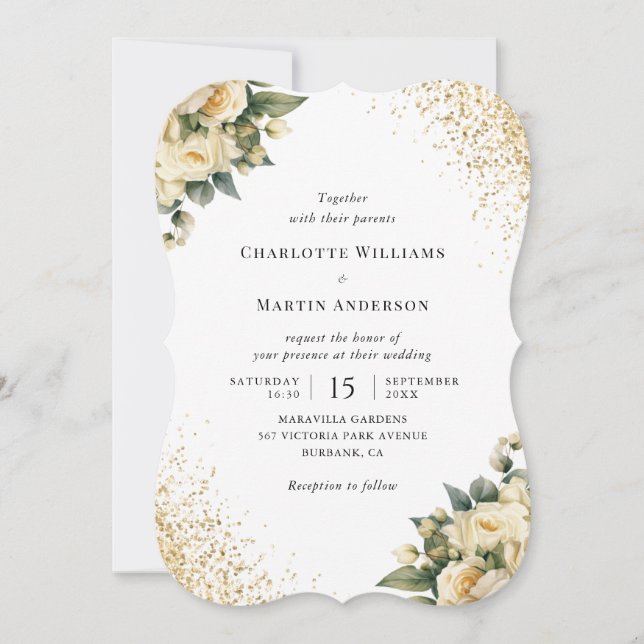 Invitación Elegante Purpurina de oro Rosas de marfil Boda flo (Anverso)