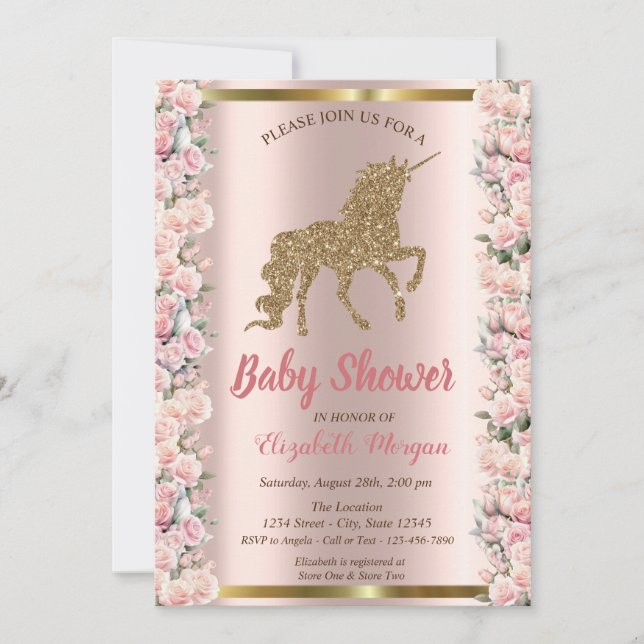 Invitación Elegante Purpurina de oro Rosas Unicorn Baby Showe (Anverso)