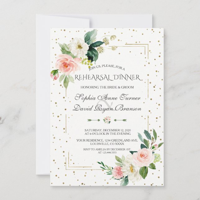 Invitación Elegante Purpurina de oro Rubor Ensayo de flores C (Anverso)