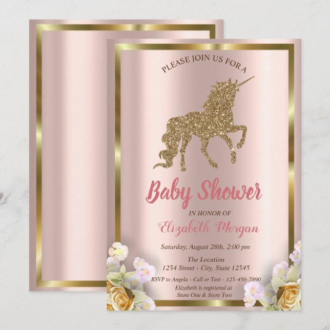 Invitación Elegante Purpurina de oro Unicorn Floral Baby Show (Anverso / Reverso)