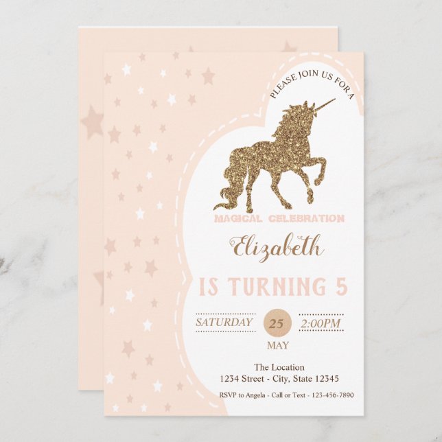 Invitación Elegante Purpurina de oro Unicornio, cumpleaños de (Anverso / Reverso)