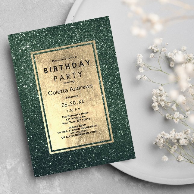 Invitación Elegante purpurina de oro verde forestal Fiesta de (Elegant forest green gold glitter Birthday Party )