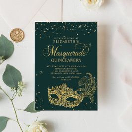 Invitación Elegante Purpurina de Oro Verde Masquerade Quincea