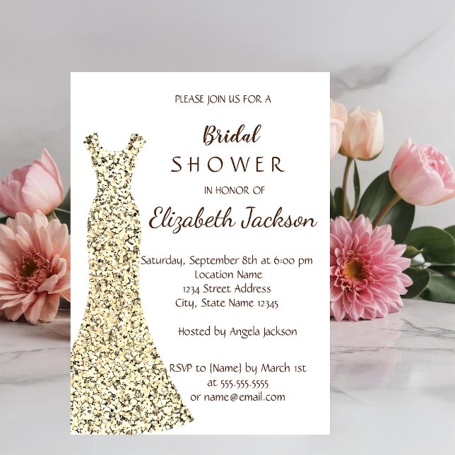Invitación Elegante Purpurina de oro vestido ducha de novia (Subido por el creador)