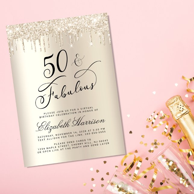 Invitación Elegante Purpurina de oro virtual 50 cumpleaños (Celebrate her 50 years of sparkle with an elegant gold glitter birthday party invitation  🎉 🎂 🥂)