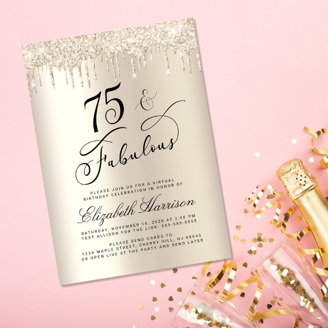 Invitación Elegante Purpurina de Oro virtual 75ª fiesta de cu (Celebrate her 75 years of sparkle with an elegant gold glitter birthday party invitation  🎉 🎂 🥂)