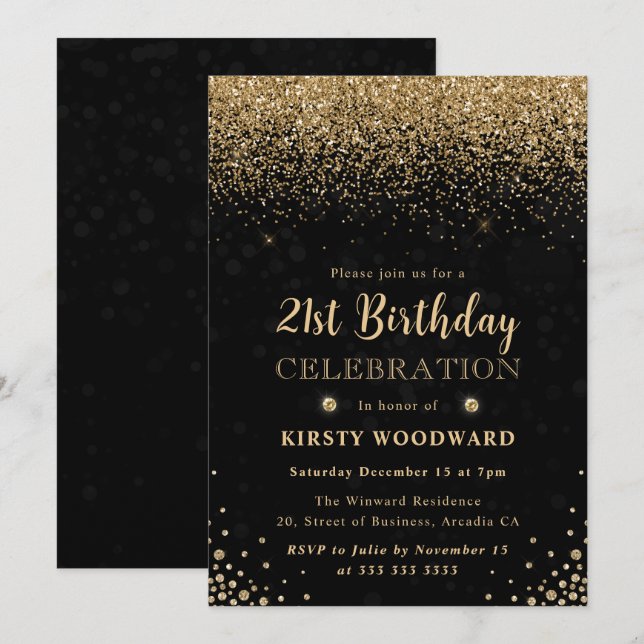 Invitación Elegante Purpurina de oro y diamantes cumpleaños n (Anverso / Reverso)