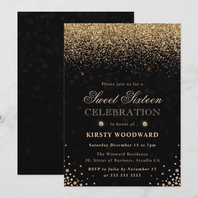 Invitación Elegante Purpurina de oro y diamantes dulces dieci (Anverso / Reverso)