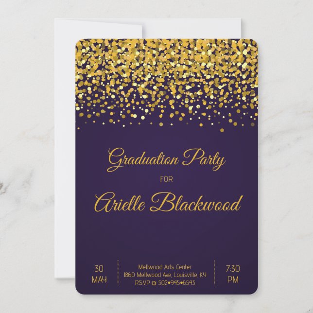 Invitación Elegante Purpurina de oro y fiesta de graduación a (Anverso)