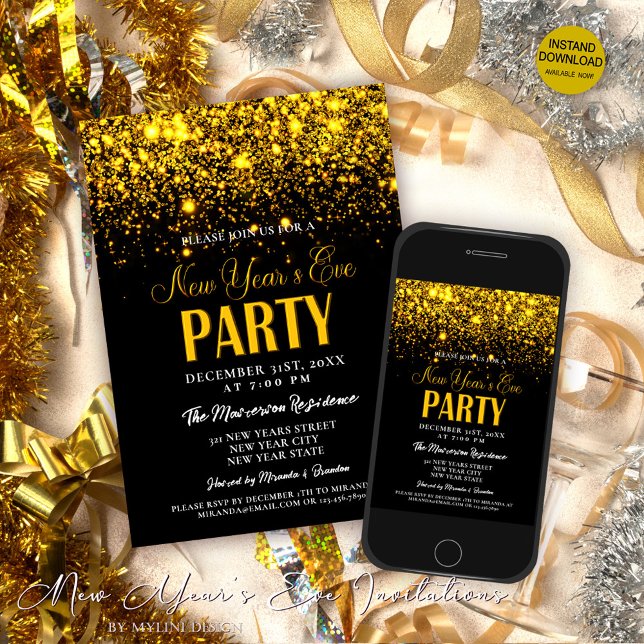 Invitación Elegante Purpurina de oro y Fiesta de Nochevieja N (Subido por el creador)