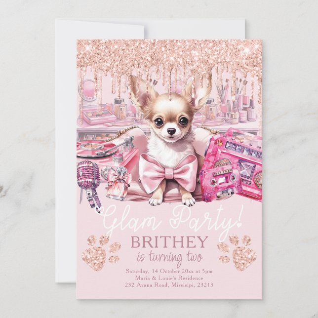 Invitación Elegante Purpurina de perro Glam Cumpleaños (Anverso)
