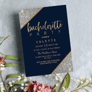 Invitación Elegante purpurina de plata azul marino Bacheloret