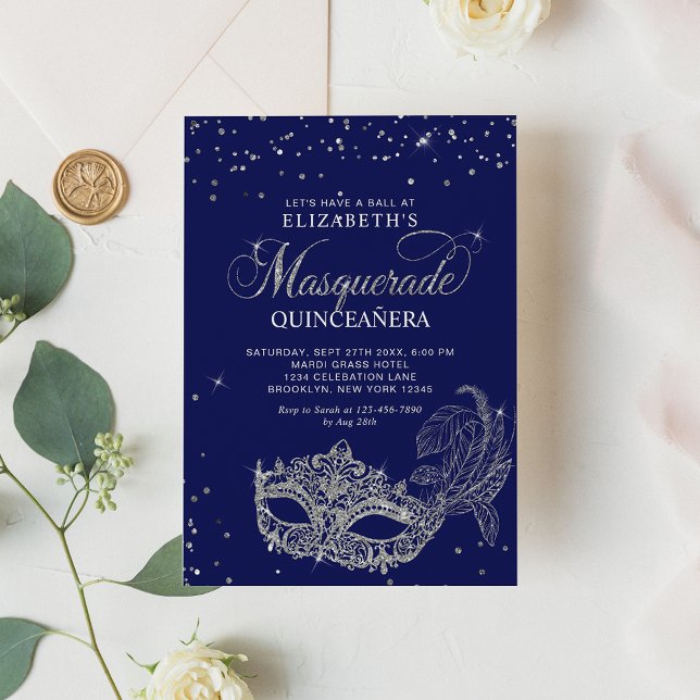 Invitación Elegante Purpurina de Plata Azul Masquerade Quince (Subido por el creador)
