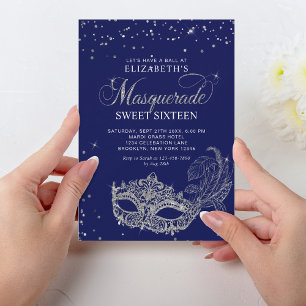 Invitación Elegante Purpurina de plata azul Masquerade Sweet 