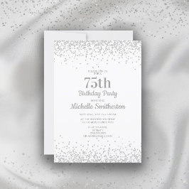 Invitación Elegante Purpurina de Plata Blanca 75º cumpleaños